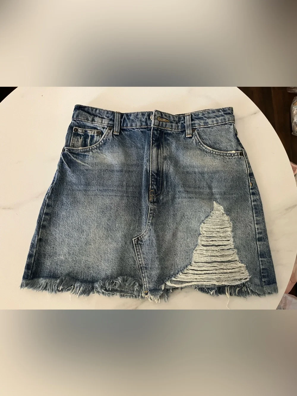 Topshop Washed Blue Distressed Denim Mini Skirt